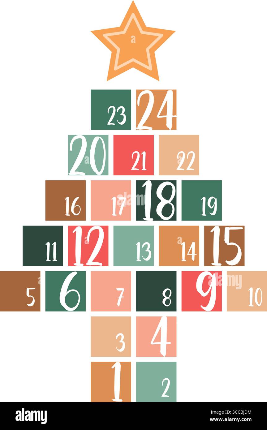 Farbenfroher Adventskalender in Form von Tanne 24 weihnachtsgeschenke Vektor Illustration Stock Vektor