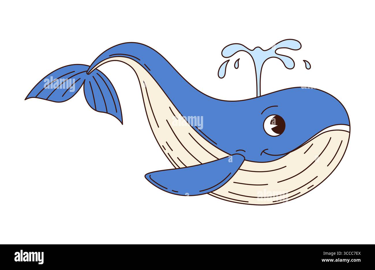 Cartoon-groovige Pottwale oder cachalot-Figuren mit Wasserspritzern über dem Kopf. Isolierter Vektor y2k Meerestier Ozeanwesen mit blauer Haut. Freundliche Wassersport-Retro-Persönlichkeit für Piratenspiele oder -Bücher Stock Vektor