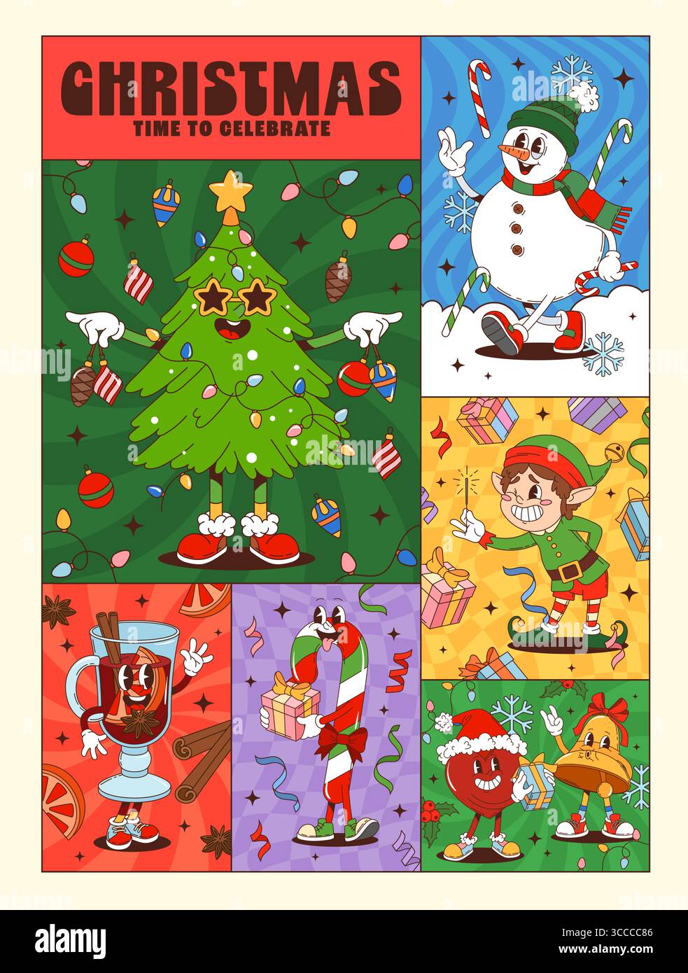 Weihnachtsfiguren im Winter-Stil collagen ein Poster mit Comic-Schneemännern, Elfen, Zuckerrohr, Glühwein und Baumfiguren im y2k-Retro-Stil, die Weihnachtsfeiertage mit Lichtern, Geschenken und festlichem Beifall feiern Stock Vektor
