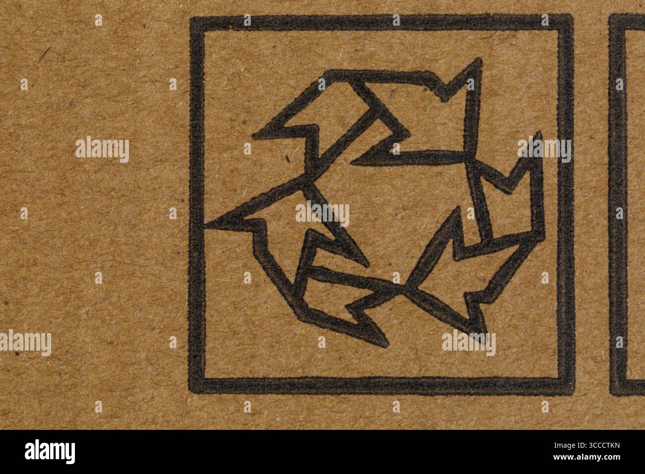 Entsorgung Recycling Recycling Logo – Detail auf Karton Verpackung Stockfoto