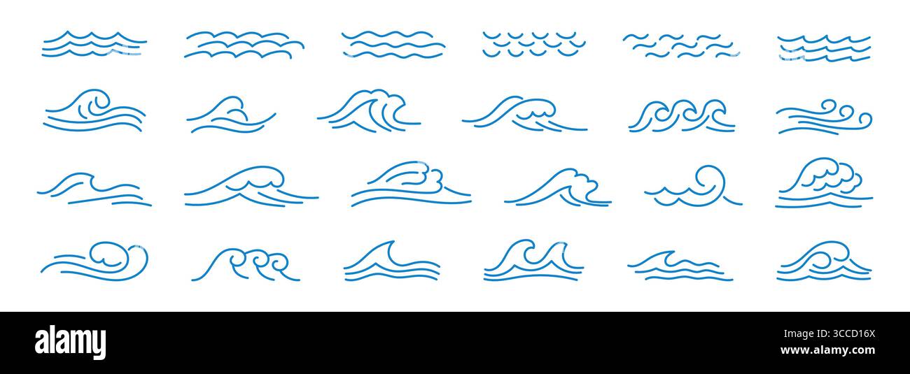 Sammlung von handgezeichneten Wellenlinien Seekurven Ikonen, Spritzern und nautischen Mustern. Minimale Vektorgrafik mit gewellten und Zickzack-Formen, perfekt für mari Stock Vektor