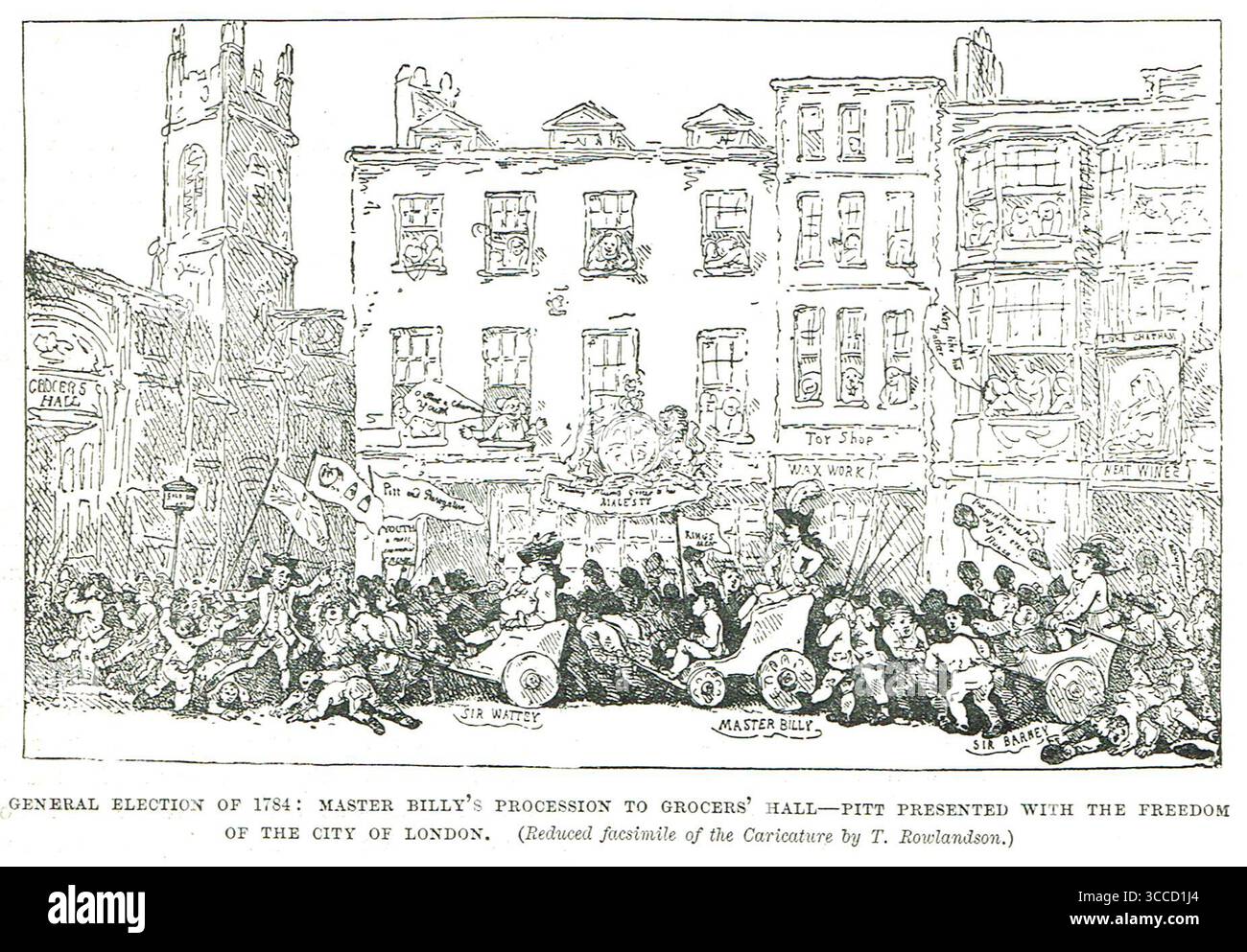 Die britischen Parlamentswahlen 1784, Master Billys Prozession zur Grocer Hall. William Pitt präsentierte die Freiheit der Stadt London. Karikatur von Thomas Rowlandson. Stockfoto