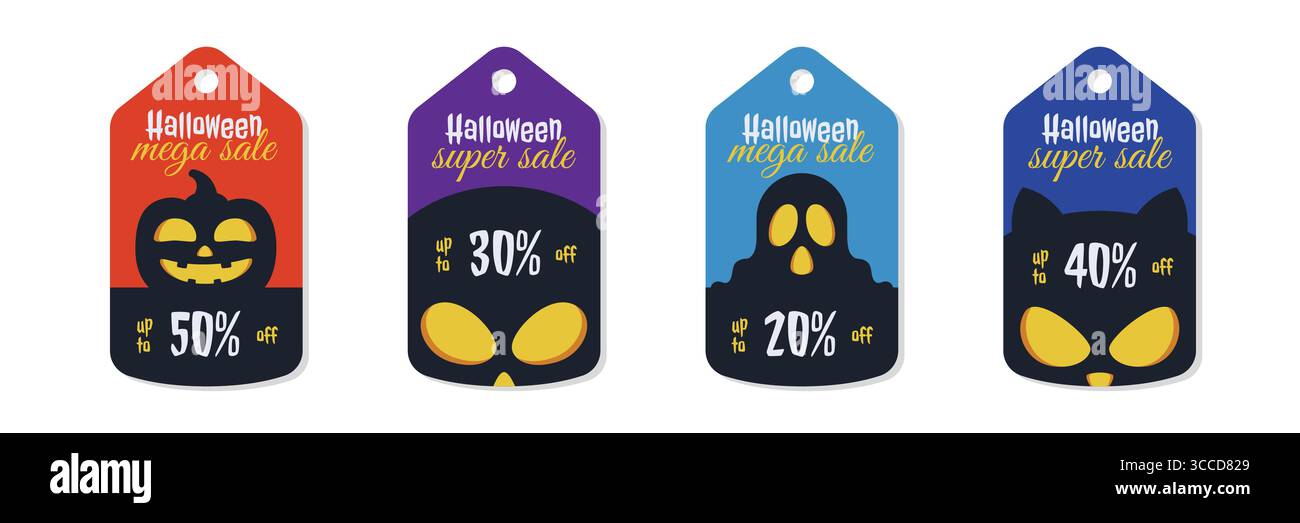 Halloween Sale Tag Kollektion mit Kürbis, Geist, Schädel und Katze Stock Vektor
