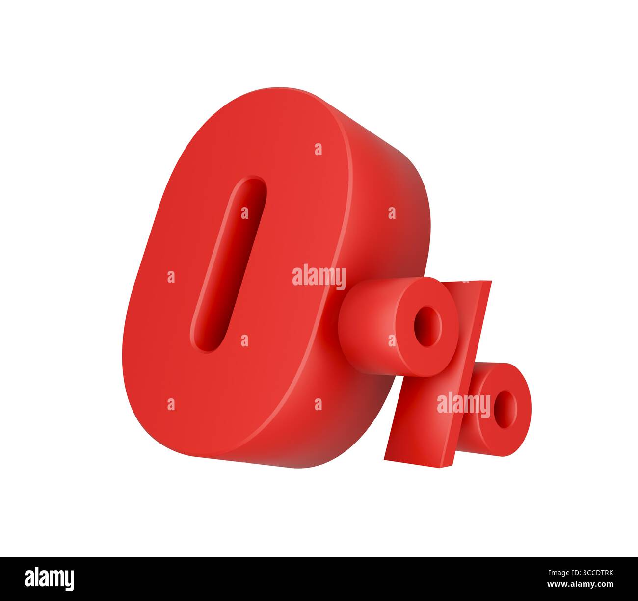 Hellrotes 3D-Nullprozentsymbol in Fettdruck gerendert, isoliert auf weißem Hintergrund. 0% Stockfoto