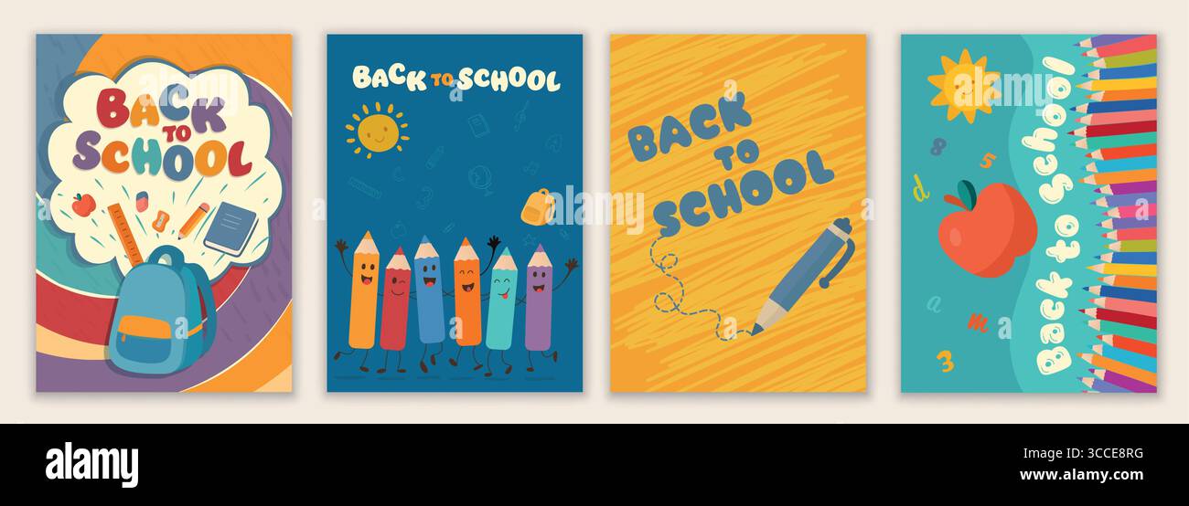 Farbenfrohe Plakate für die Schulzeit mit niedlichen Bleistiftfiguren und fröhlichen Elementen im Klassenzimmer Stock Vektor