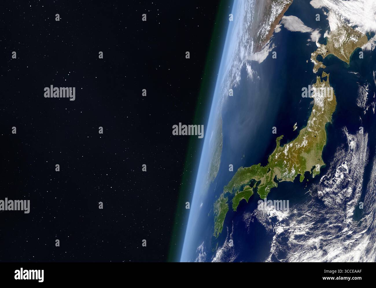Planet Erde am Sternenhimmel. Japan, China, Nordkorea, Südkorea, Russland. Ostasien. Ansicht des Planeten Erde. Diese Bildelemente wurden von der NASA bereitgestellt. Stockfoto
