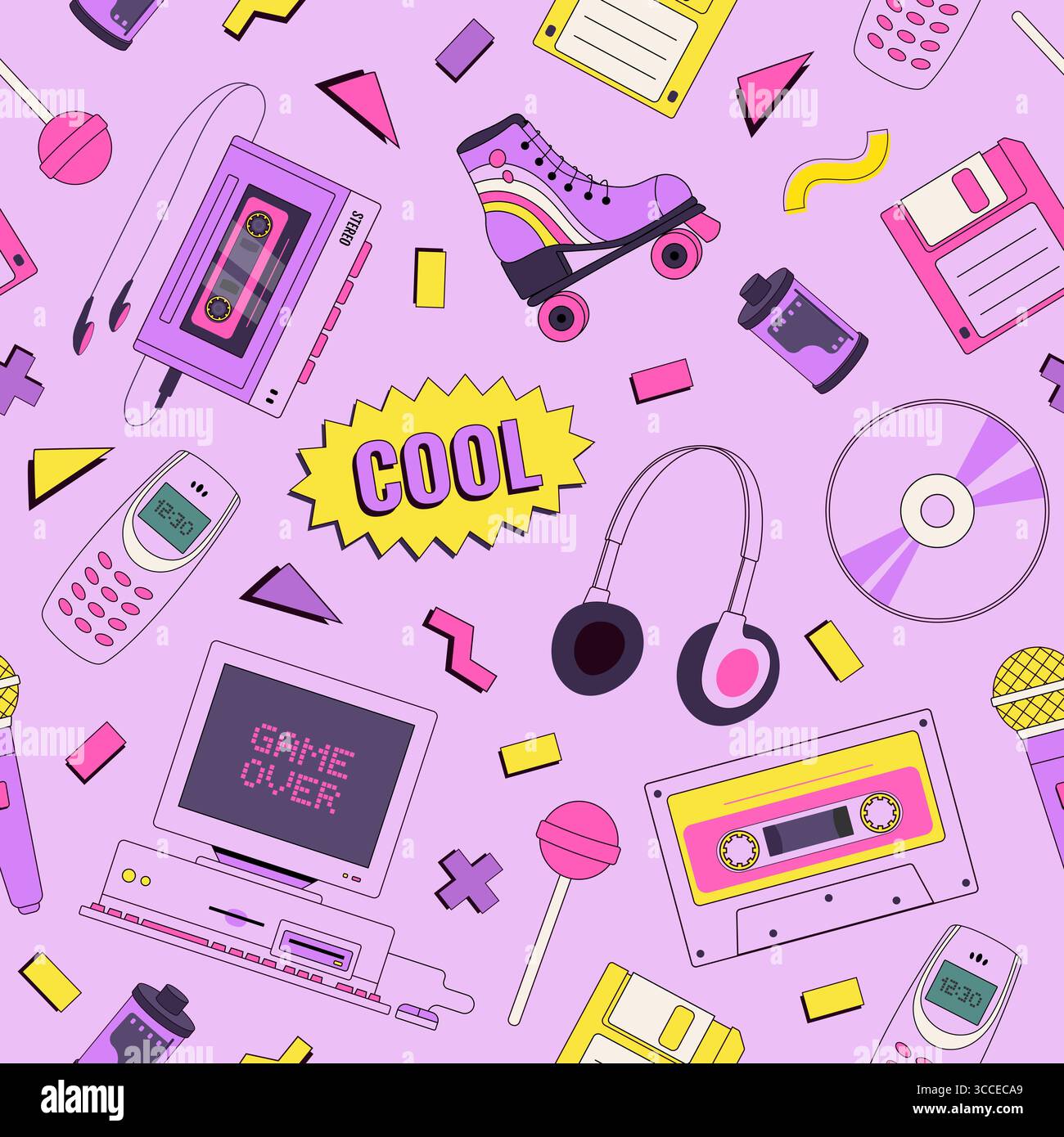 Nahtloses Retro-Muster mit Elementen aus den 90er Jahren. Nostalgie für 1990er Jahre Pop-Art-Druck. Alter pc, Rolle, Kassette, Audio-Player, Musik, Festplatte Stock Vektor