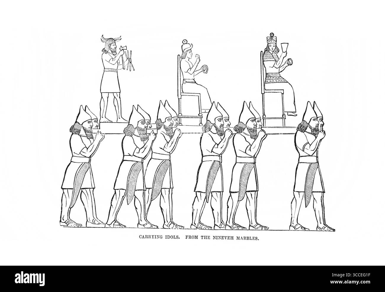Illustration von Assyriern, die Idole aus den Ninive-Marbles aus dem Antiken 19. Jahrhundert tragen, die Heilige Bibel mit dem Alten und Neuen Testament Stockfoto