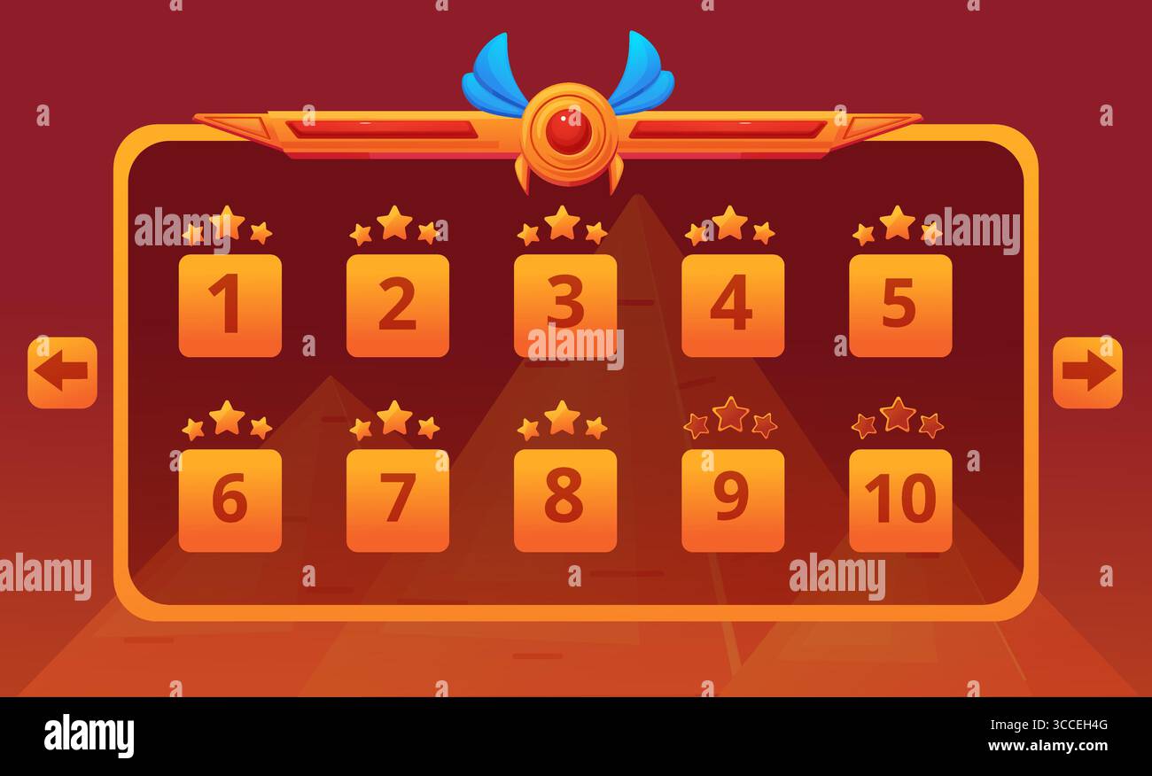 Wähle den Level-Bildschirm im Online-Spiel. Banner mit Niveauschildern, offen und geschlossen. Ägyptische Abenteuer spielen ui ux-Elemente mit pyramiden, dem heutigen Vektor Stock Vektor