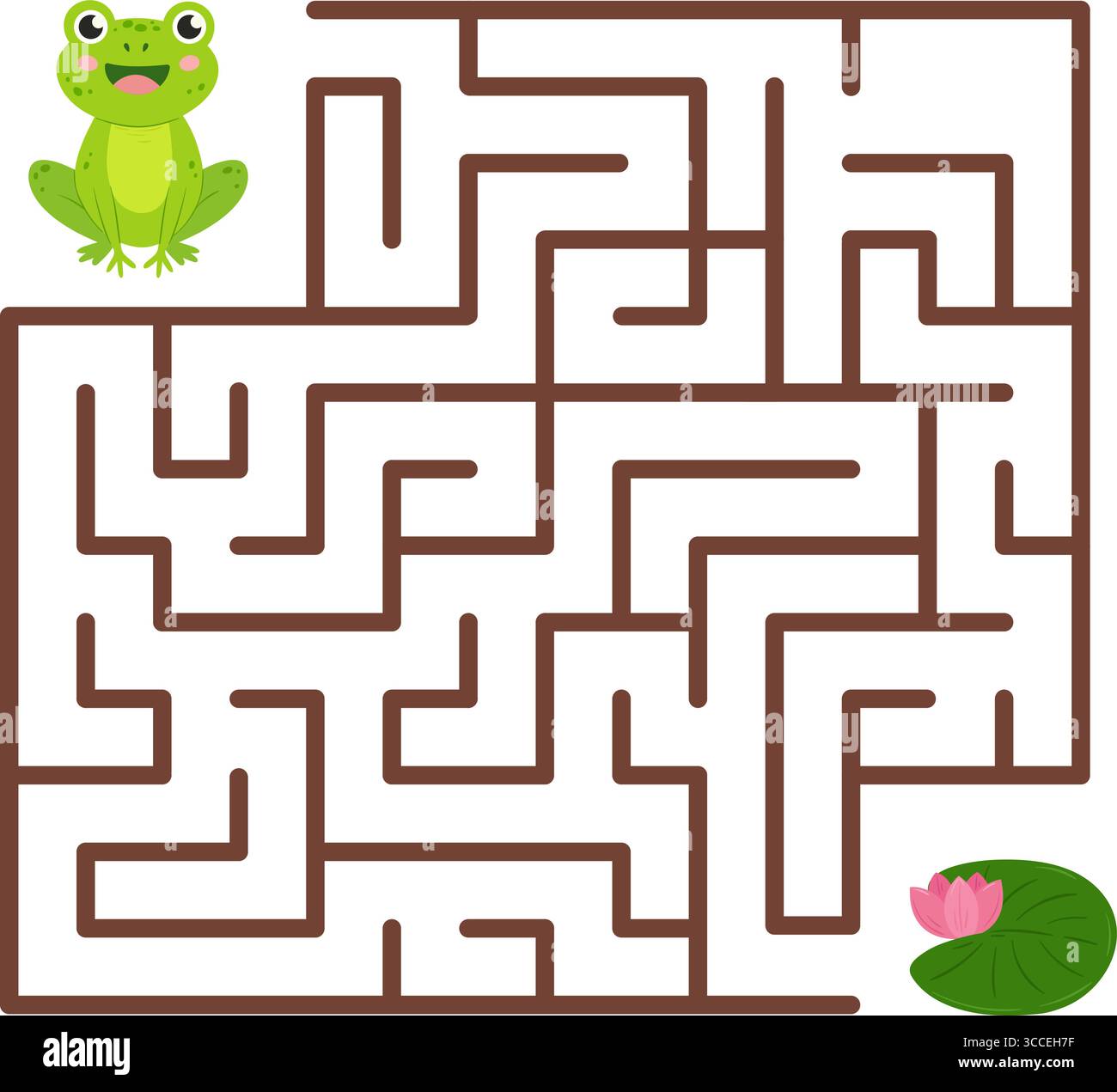 Hilf dem Frosch, den richtigen Weg zum Seerosenblatt zu finden. Süßer grüner Comicfrosch. Interessantes lehrreiches Spiel mit Labyrinth, Labyrinth-Spiel für die Entwicklung von Kindern Stock Vektor