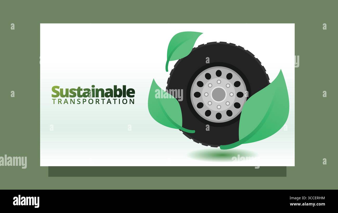 Nachhaltiges Verkehrskonzept. Lkw-Reifen mit grünem Blatt. Moderne, klare Bildschirmgrößenvorlage für Web- oder Präsentationsvektorillustration Stock Vektor