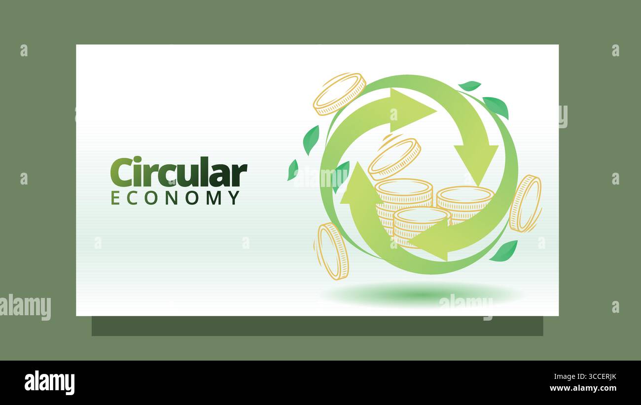 Konzept der Kreislaufwirtschaft. Ein kreisförmiger Pfeil wirbelt Münzgeld innen und blättert. Moderne, klare Bildschirmgrößenvorlage für Web- oder Präsentationsvektorillu Stock Vektor