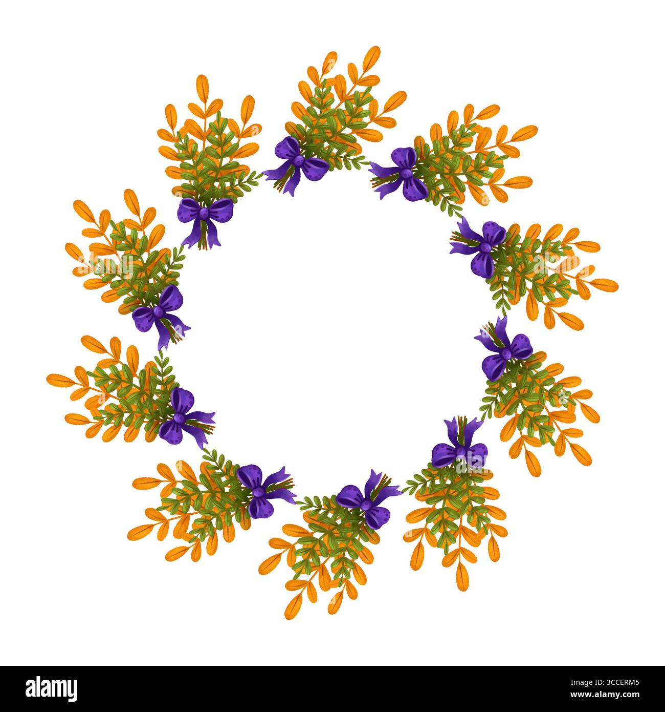 Runder Rahmen mit einem Blumenstrauß aus Kräutern, verziert mit einer lila Schleife. Aquarellabbildung. Stockfoto