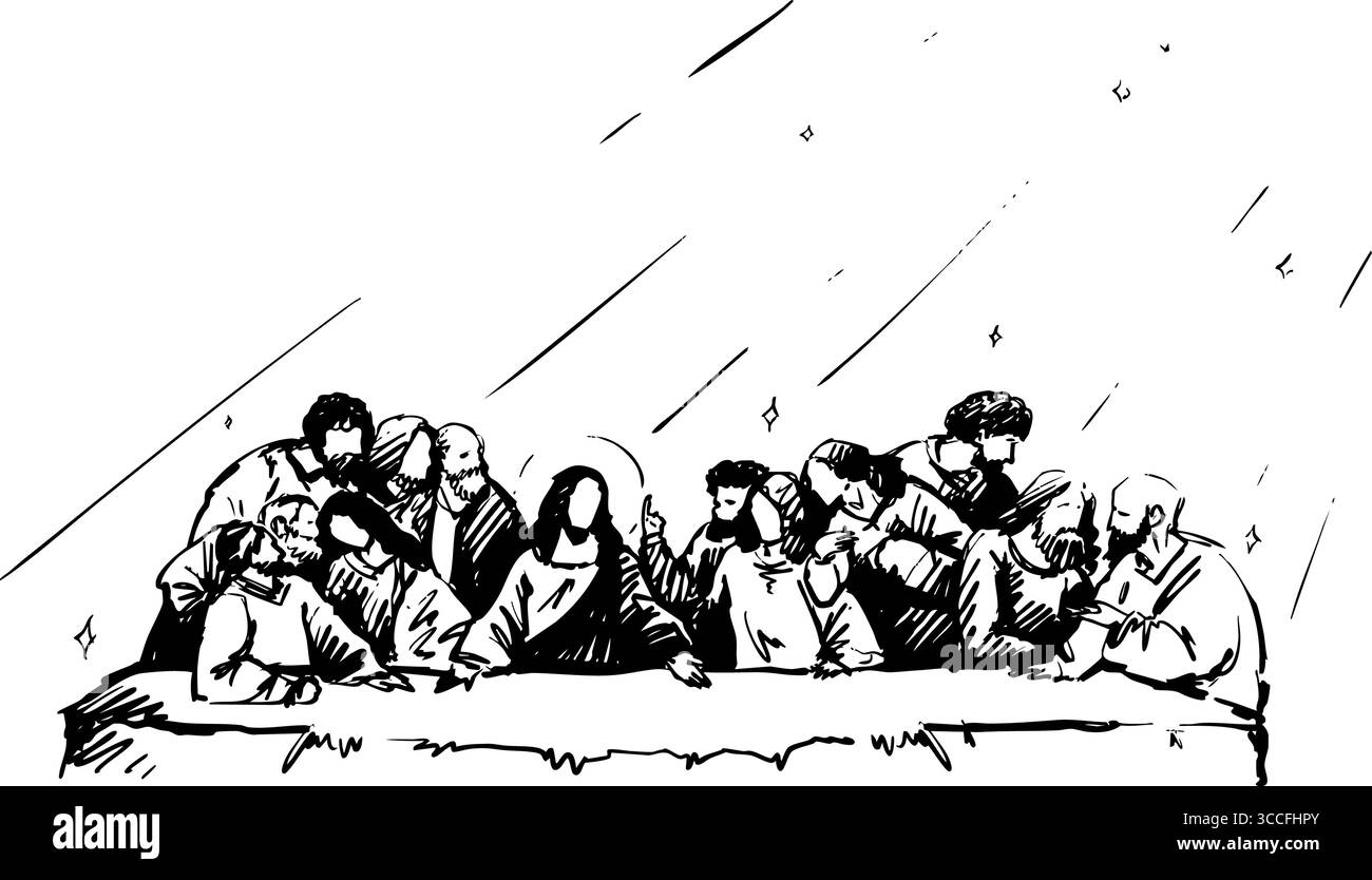 Eine ikonische Illustration des Abendmahls, die wunderschön in einfachen und eleganten Linien dargestellt wird Stockfoto