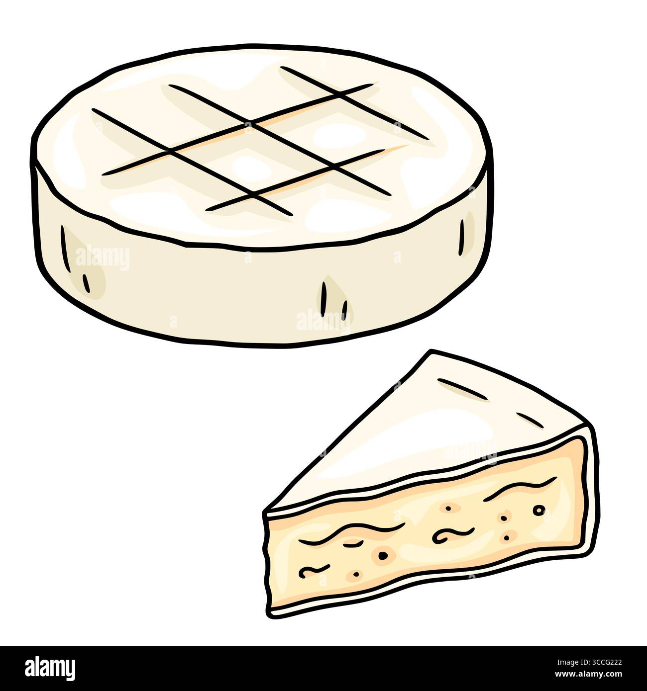 Köstliche Vektor-Illustration von Camembert Käse, ganze Runde und eine Scheibe, mit seiner cremigen Textur und einzigartigen Kreuzschraffur Markierungen, perfekt für Stock Vektor