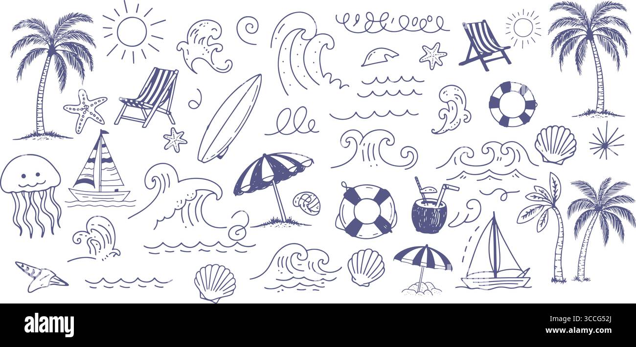 Handgezeichnetes Summer Beach Doodle Vektor-Set – tropisches Meer, Surfbretter, Palmen, Wellen und Sonne Illustrationen für T-Shirts, Poster, Aufkleber und Küste Stock Vektor