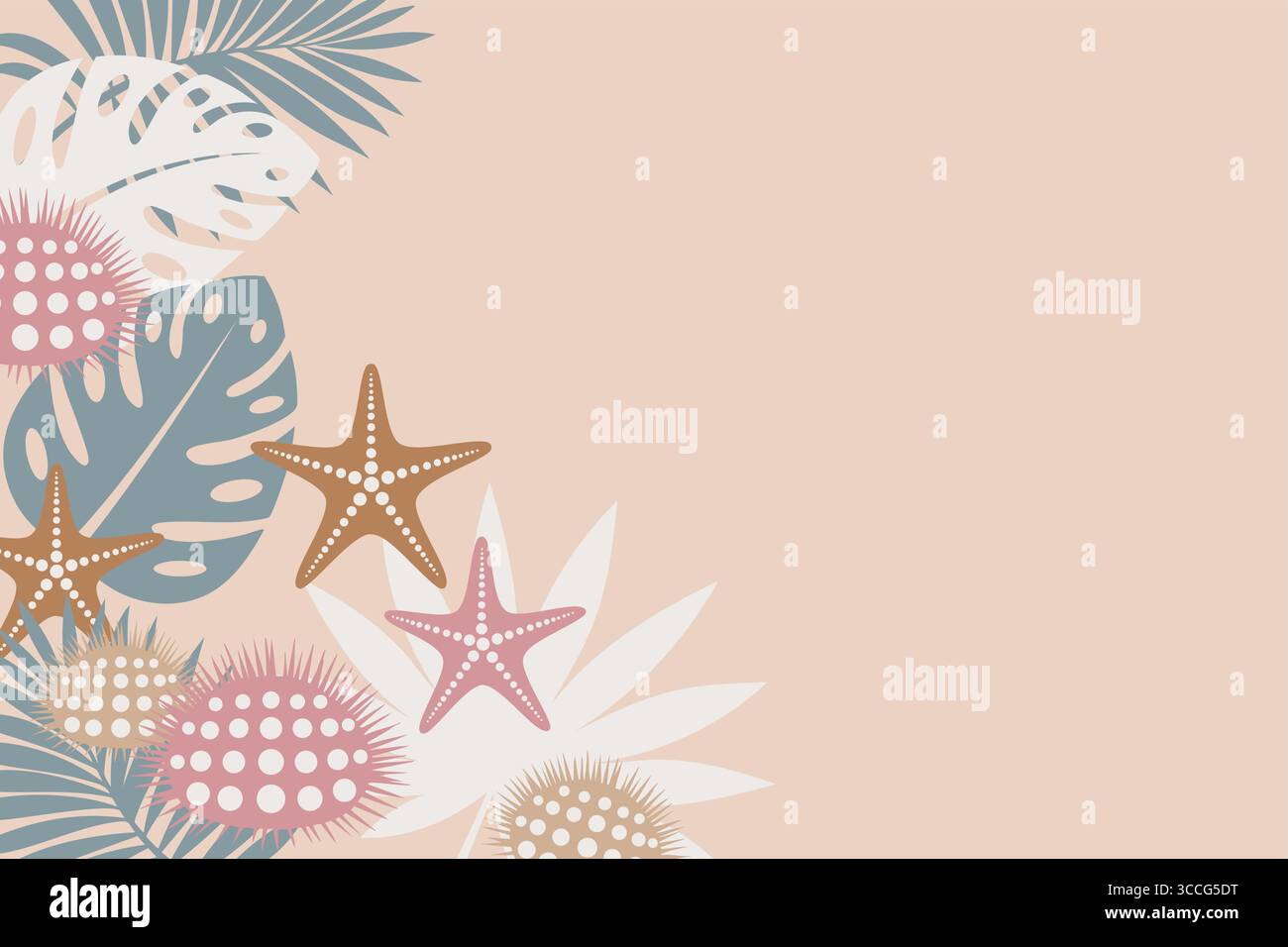 Tropische Muster, exotische Blätter, Monstera und Palmblatt, Meerestiere Seesterne und Seeigel. Vektorillustration Sandhintergrund Stock Vektor