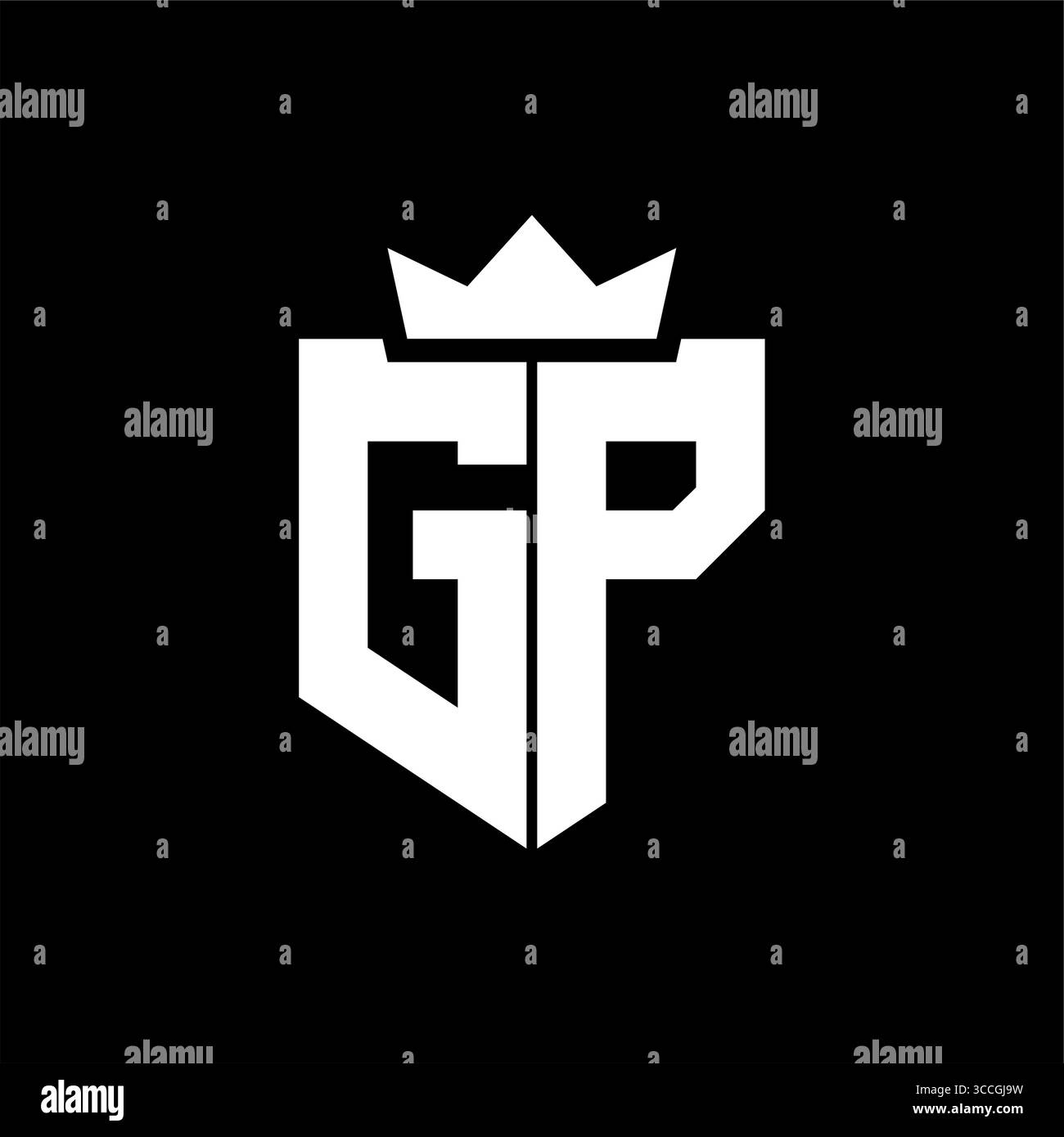 Vektorbild des GP-Logos eines Schildes mit einem scharfen geometrischen Stil mit einer spitzen Krone und dicken Schriftarten Stock Vektor