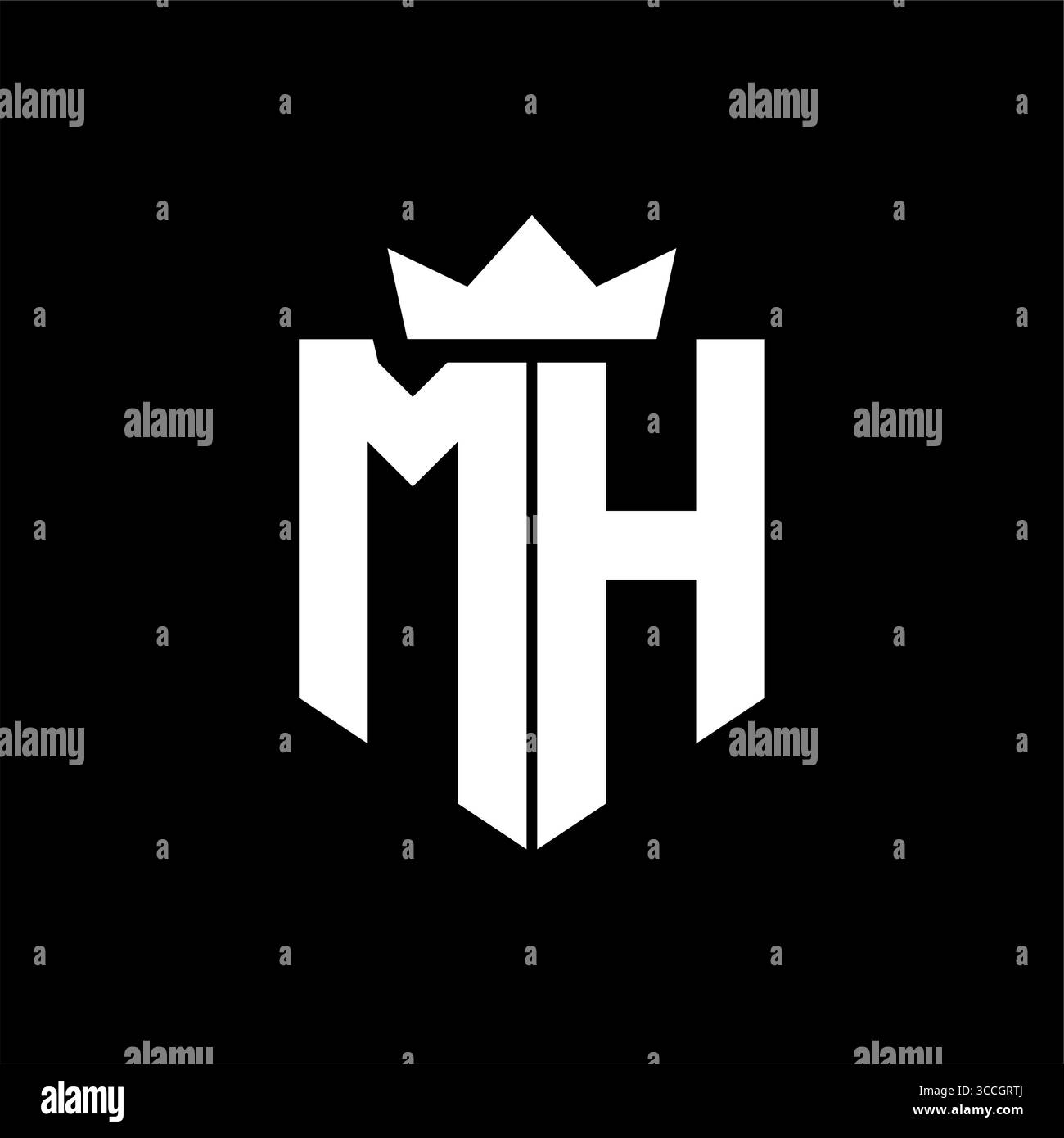 Vektorbild des MH-Logos eines Schildes mit scharfem geometrischem Stil mit spitzer Krone und dicker Schriftart Stock Vektor