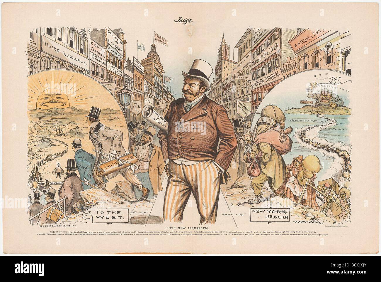 Ihr politischer Zeichentrickfilm New Jerusalem, 1892 von Grant E. Hamilton, veröffentlicht im Judge Magazine. Die Abbildung zeigt jüdische Einwanderer, die vor der Verfolgung in Russland fliehen und in Armut nach New York City kommen und später durch 'Ausdauer und Industrie' wohlhabend werden. Unterdessen ziehen sich Nachkommen der frühen niederländischen New Yorker Familien auf der Suche nach neuen Möglichkeiten nach Westen. Stockfoto