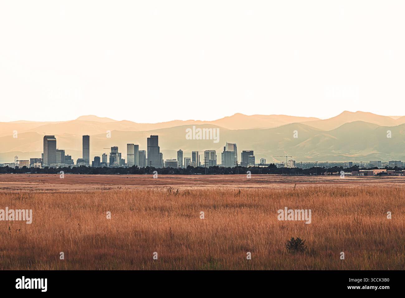 Denver Colorado Landschaft mit Rocky Mountains und Präriegasen bei Sonnenuntergang - Bergwelt Stockfoto