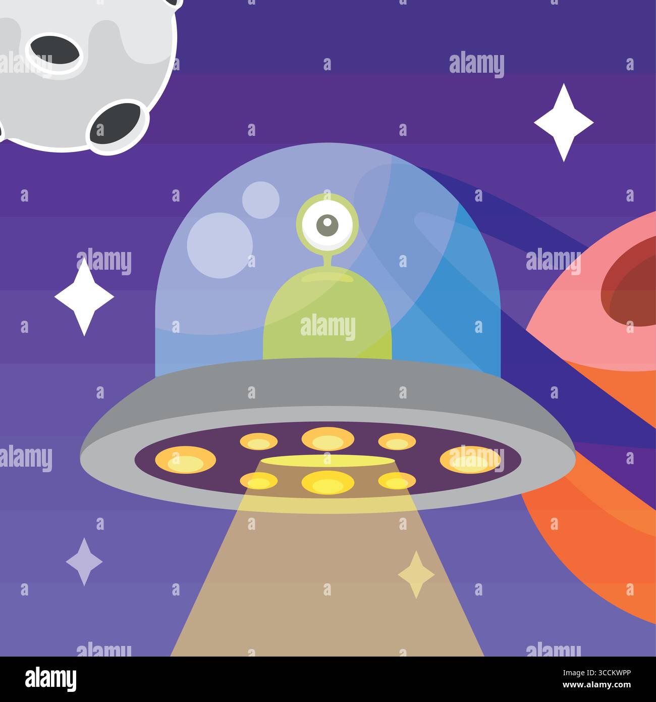 Alien-UFO in der Weltraumszene. Vektor Stock Vektor