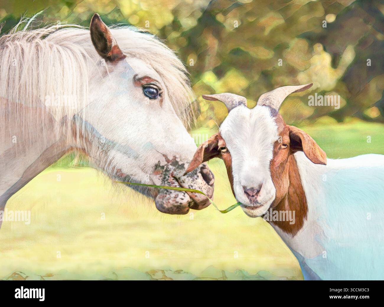 Stilisierte Fotokunst von Miniatur-Pferd und -Ziege mit einem Stück Gras. Stockfoto