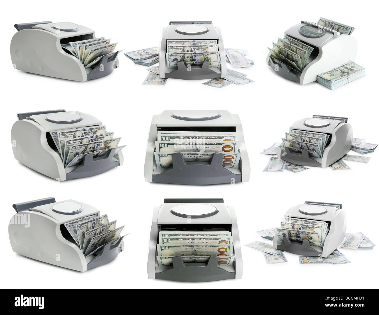 Geldzähler mit Dollarscheine isoliert auf weiß, Set Stockfoto