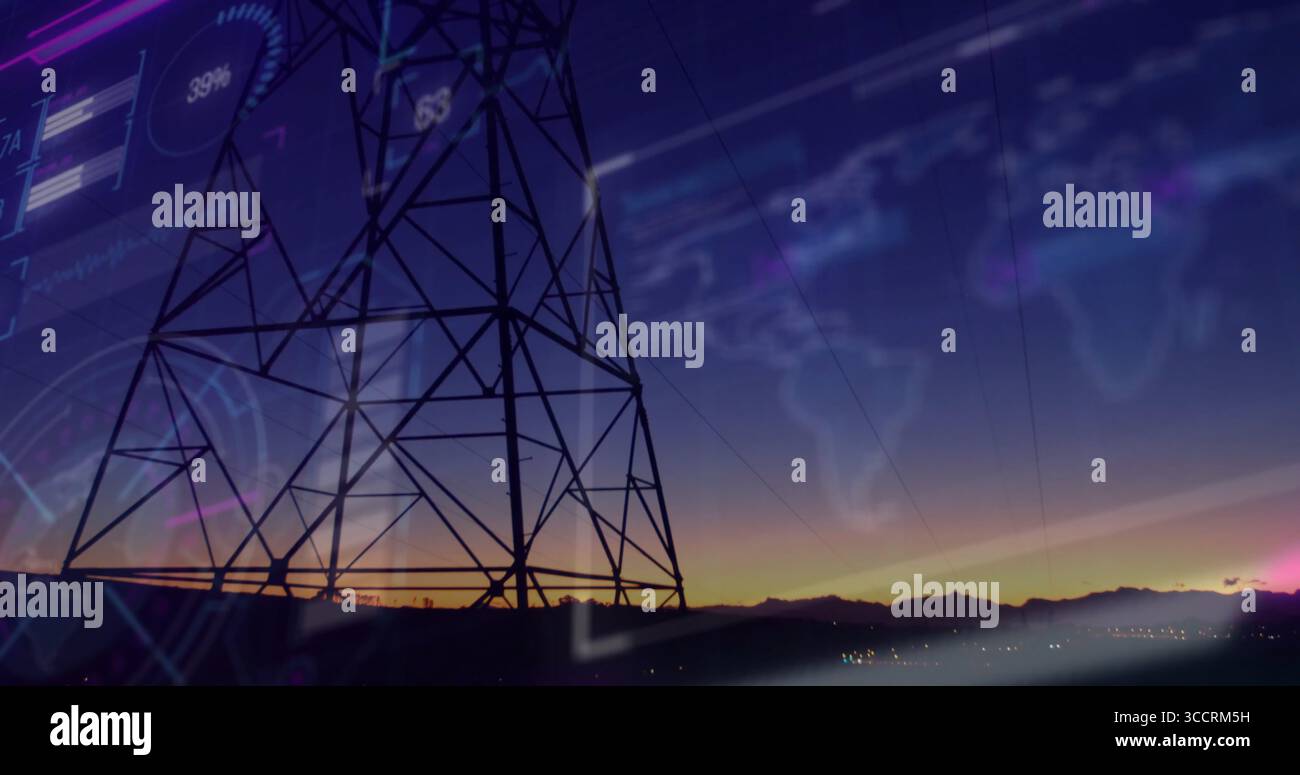 Zeigt den Stromübertragungsturm vor dem ländlichen Abendhimmel, mit Datenüberlagerungen, Kopierraum Stockfoto Zeigt den Stromübertragungsturm vor dem ländlichen Abendhimmel, mit Datenüberlagerungen, Kopierraum Stockfoto