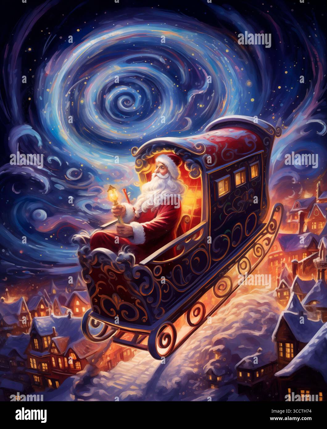 2. Juli 2023, Wyoming, USA: Grafikdesign Weihnachtsschmuck. Ein Traum unter den kosmischen Leinwandkonstellationen glitzert, der magische Schlitten des Weihnachtsmanns voller Weihnachtsgeschenke und Geschenke, der mit dem Weihnachtsmann als Führer in die Höhe steigt, eine himmlische Reise durch Galaxien und Kometenpfade (Credit Image: © Sergi Reboredo/ZUMA Press Wire) Stockfoto