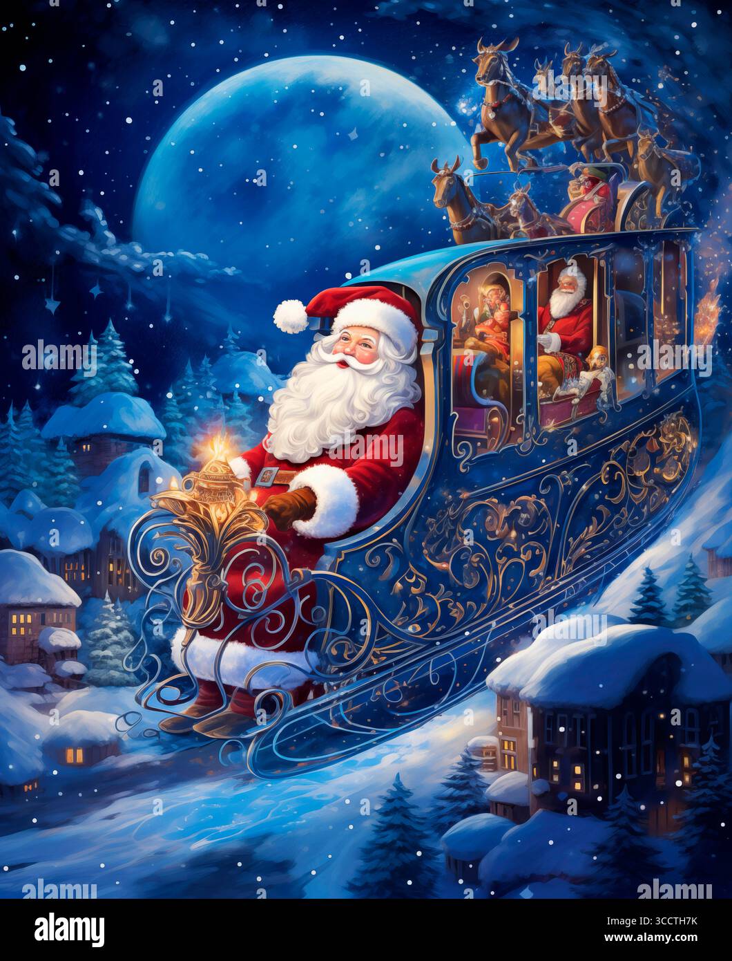 2. Juli 2023, Lappland, FINNLAND: Grafikdesign Weihnachtsschmuck. Ein Traum unter den kosmischen Leinwandkonstellationen glitzert, der magische Schlitten des Weihnachtsmanns voller Weihnachtsgeschenke und Geschenke, der mit dem Weihnachtsmann als Führer in die Höhe steigt, eine himmlische Reise durch Galaxien und Kometenpfade (Credit Image: © Sergi Reboredo/ZUMA Press Wire) Stockfoto