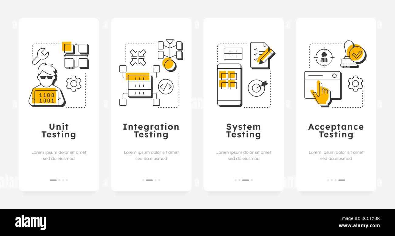 Software-Testebenen Onboarding-Bildschirme für mobile Apps Stock Vektor