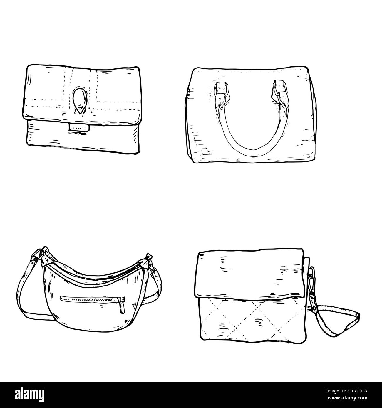 Modische Damenhandtaschen, ein Set aus Silhouetten in schwarz-weißer Tinte. Vektorabbildung. Verschiedene Arten von stilvollen Taschen, Umhängetaschen, Hobo Stock Vektor