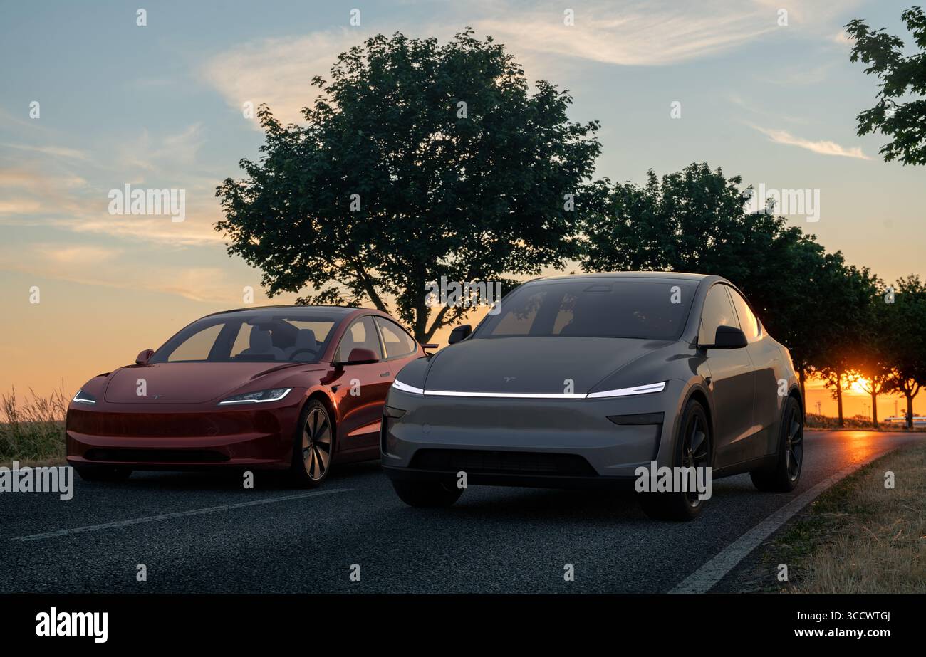 Tesla Model Y Juniper und Tesla Model 3 zusammen Stockfoto