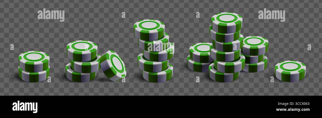 Grün-weiße Casino-Chip-Stapel 3D-Rendering - Spielmarken in verschiedenen Höhen, einzelne Münzen verstreut für Poker-Spiele, Online-Gaming-Grafiken oder Entertainment-Design im las vegas-Stil. Stock Vektor