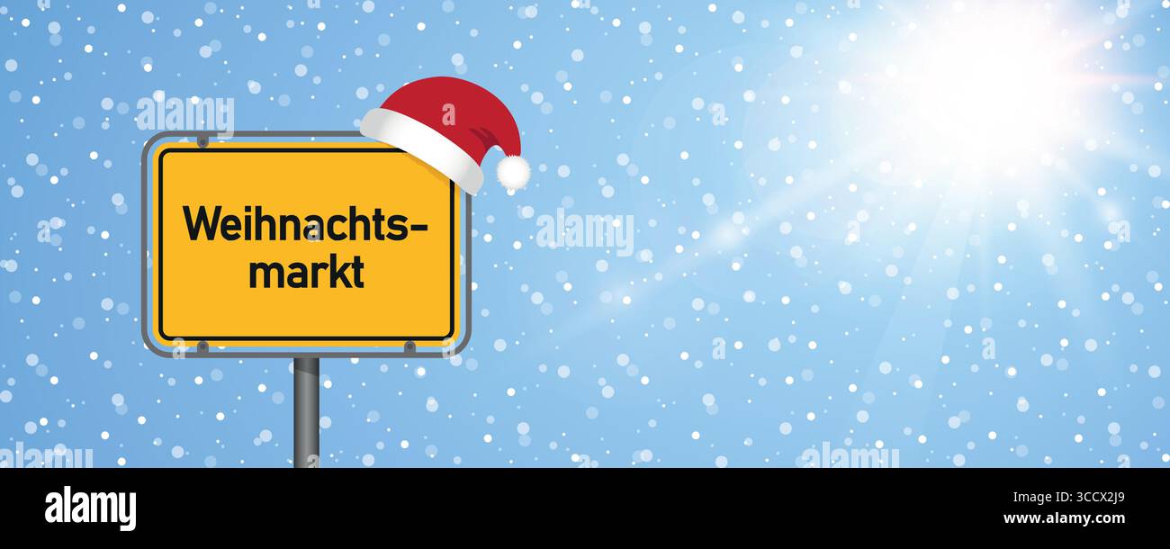 Platzieren Sie Schild mit deutschem Wort weihnachtsmarkt in der verschneiten Winterlandschaft Vektor-Illustration Stock Vektor