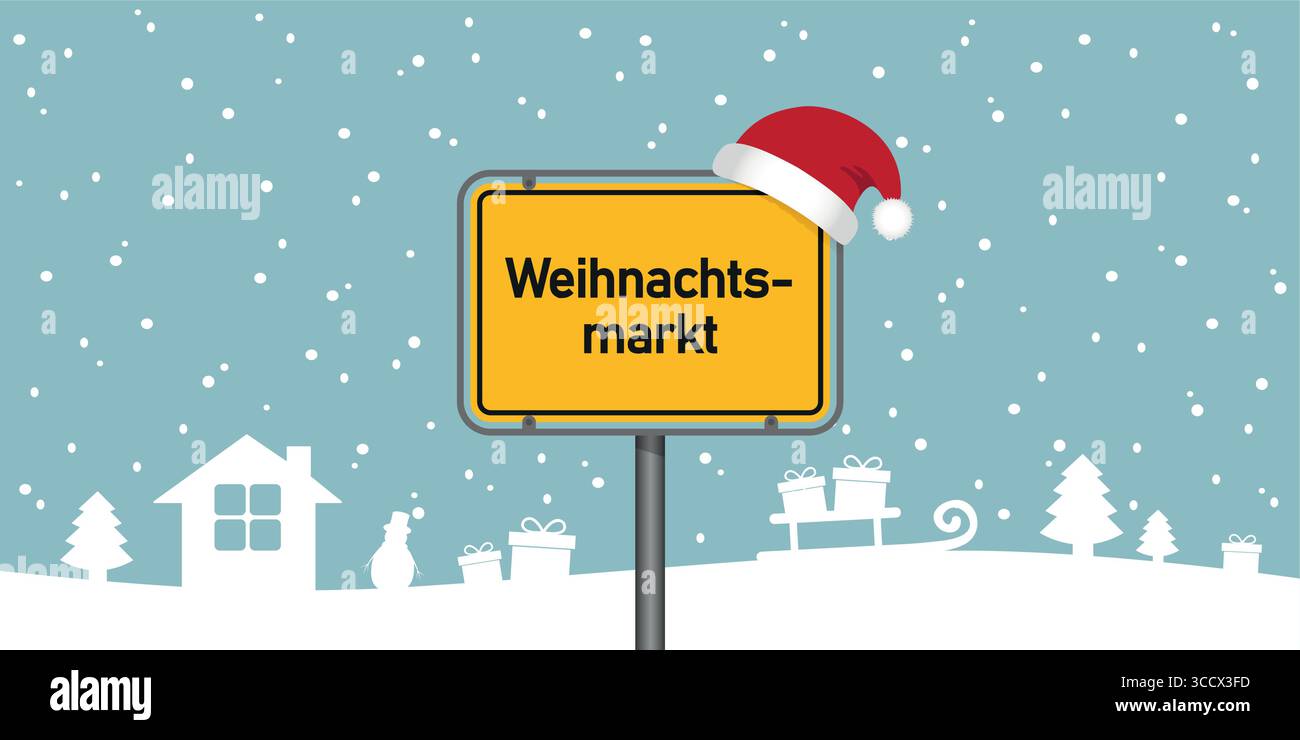 Platzieren Sie Schild mit deutschem Wort weihnachtsmarkt in der verschneiten Winterlandschaft Vektor-Illustration Stock Vektor