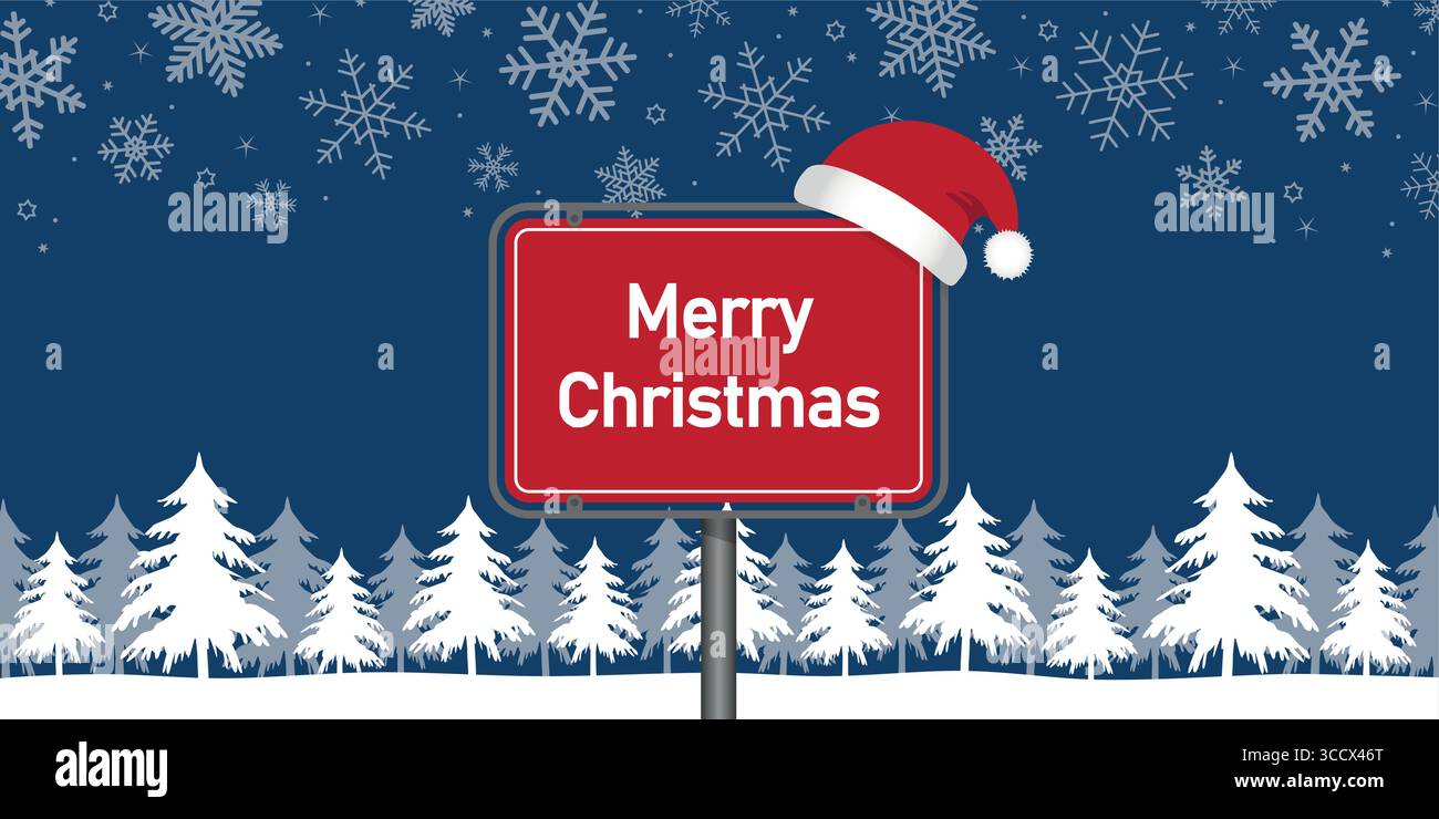 frohe weihnachten Platzschild in verschneite Winterlandschaft Vektor-Illustration Stock Vektor