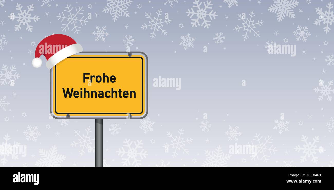 Platzieren Sie Schild mit deutschem Text Frohe weihnachten in der verschneiten Winterlandschaft Vektor-Illustration Stock Vektor