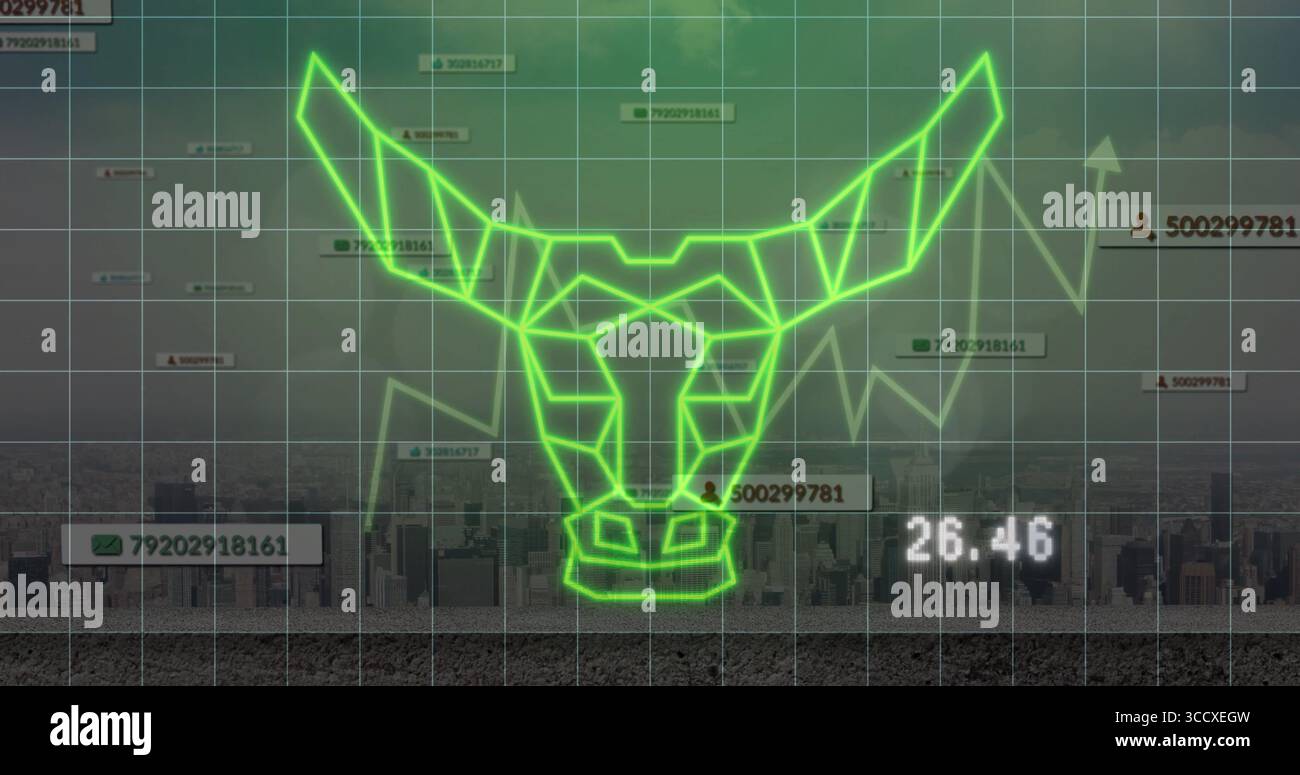 Anzeige neongrüner geometrischer Stierkopfgrafik, die das Raster der Skyline überlagert, mit Liniendiagrammen Stockfoto