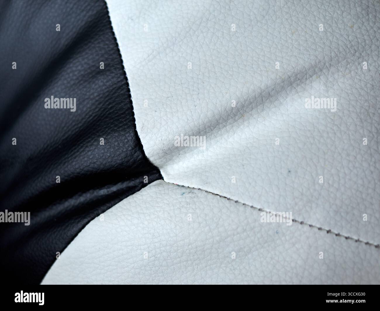 Schwarz-weiße Ledercouch mit schwarz-weißem Muster auf der Rückseite. Die Couch ist aus hochwertigem Leder gefertigt und hat eine glatte, polierte Oberfläche Stockfoto