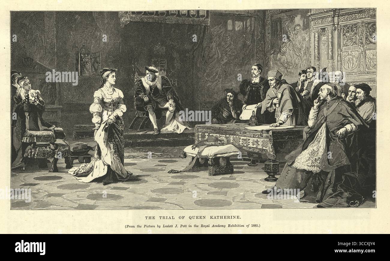 Tudor History, The Trial of Queen Katherine of Aragon, 19. Jahrhundert Vintage Illustration, 1880er Jahre, nach Laslett John Pott Stockfoto