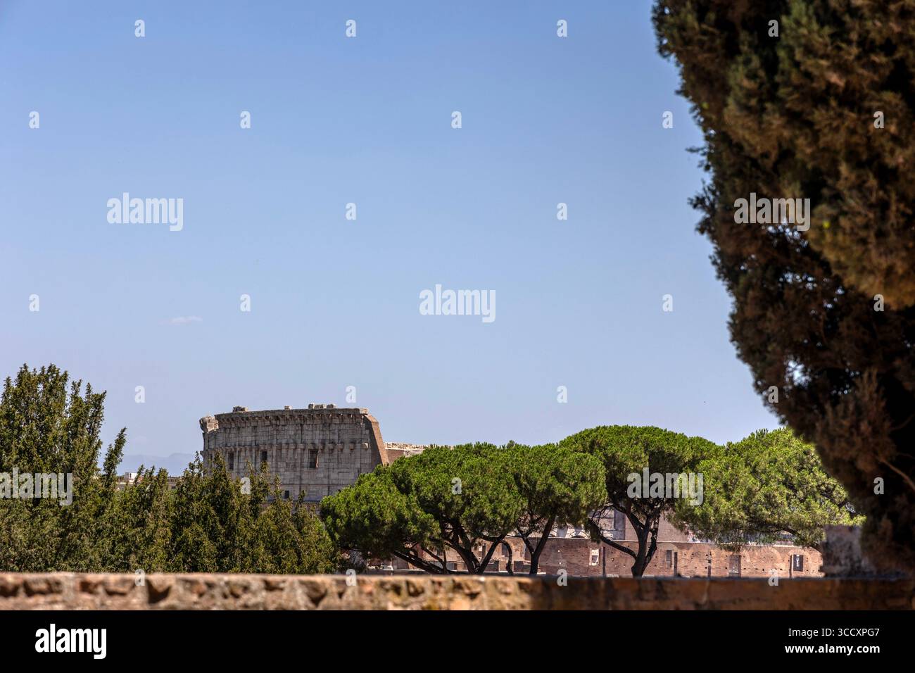 Blick auf das Kolosseum (Flavisches Amphitheater) vom Forum Romanum, Rom, Italien, mit einer Präsentation der antiken römischen Architektur und Geschichte Stockfoto