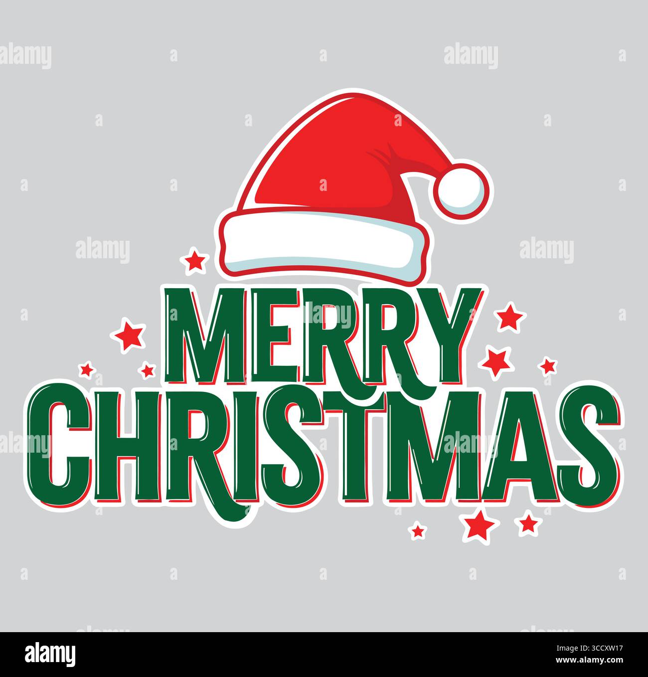 Eine lebendige Weihnachtsgrafik mit dem Satz „FROHE WEIHNACHTEN“ in kräftigen grünen Buchstaben, die rot umrandet sind. Über dem Text befindet sich ein klassischer roter Santa Hut wi Stock Vektor