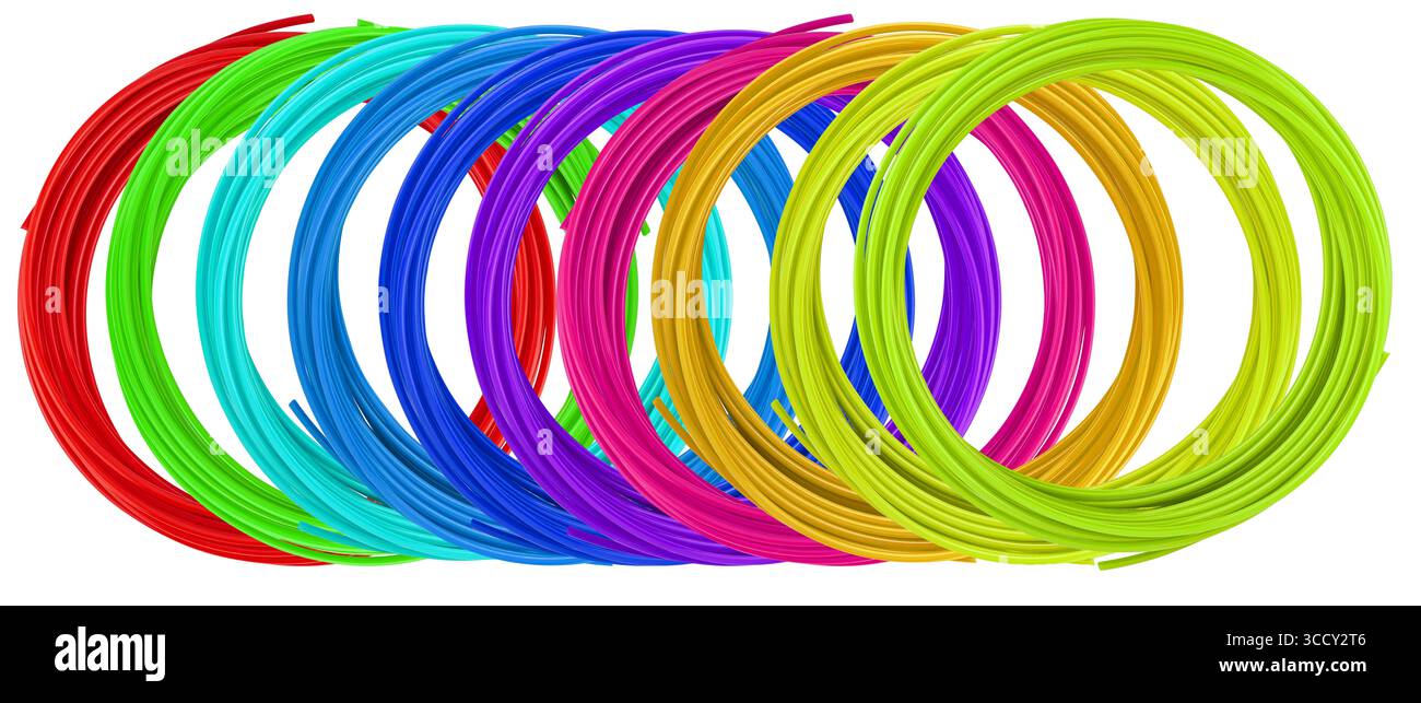 Filament für 3D-Stifte, Spulen mit schnell einstellbarem Kunststoff. Auf weißem Hintergrund isoliert Stockfoto