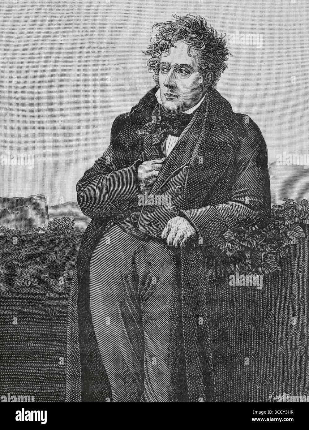Francois-René, vicomte de Chateaubriand (1768-1848). Französischer Schriftsteller und Diplomat. Chateaubriand wird in melancholischer Pose mit den Ruinen des antiken Roms im Hintergrund während eines Besuchs der Stadt im Jahr 1804 dargestellt. Stich von Huyot nach einem Porträt von Anne Louis Girodet de Roucy-Trioson im Jahr 1809. Direktorin, Konsulat und Reich. Moeurs et Usages, Lettres, Sciences et Arts. France, 1795-1815“ (Direktorium, Konsulat und das Reich von Frankreich. Bräuche und Traditionen, Briefe, Wissenschaften und Künste. Frankreich, 1795-1815), von Paul Lacroix. Veröffentlicht in Paris, 1884. Stockfoto Francois-René, vicomte de Chateaubriand (1768-1848). Französischer Schriftsteller und Diplomat. Chateaubriand wird in melancholischer Pose mit den Ruinen des antiken Roms im Hintergrund während eines Besuchs der Stadt im Jahr 1804 dargestellt. Stich von Huyot nach einem Porträt von Anne Louis Girodet de Roucy-Trioson im Jahr 1809. Direktorin, Konsulat und Reich. Moeurs et Usages, Lettres, Sciences et Arts. France, 1795-1815“ (Direktorium, Konsulat und das Reich von Frankreich. Bräuche und Traditionen, Briefe, Wissenschaften und Künste. Frankreich, 1795-1815), von Paul Lacroix. Veröffentlicht in Paris, 1884. Stockfoto