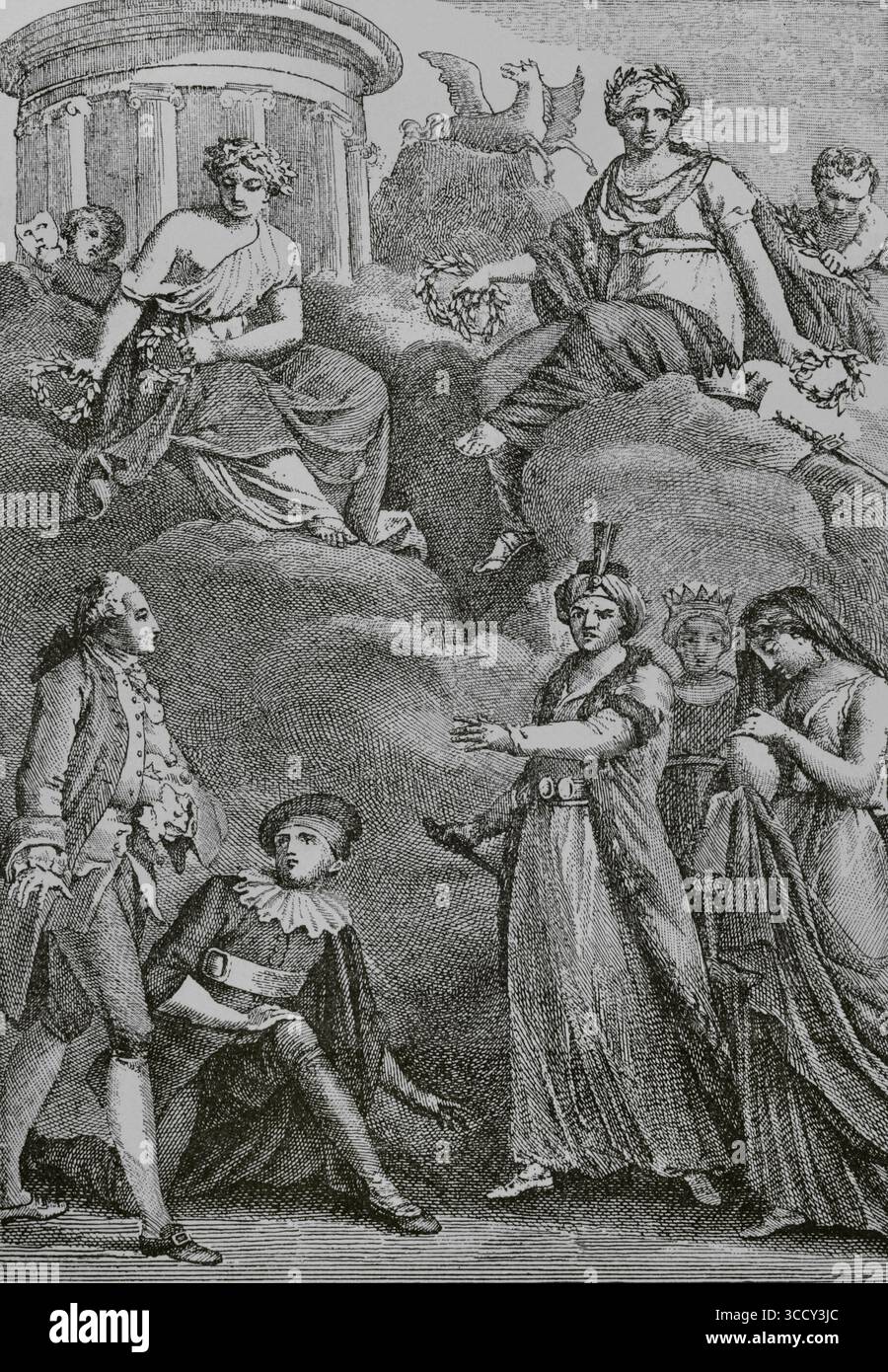 Kupferstich aus dem Frontispiece der Galerie historique des acteurs du Théâtre francais von Pierre-David Lemazurier (1775-1836), veröffentlicht in Paris, 1810. Direktorin, Konsulat und Reich. Moeurs et Usages, Lettres, Sciences et Arts. France, 1795-1815“ (Direktorium, Konsulat und das Reich von Frankreich. Bräuche und Traditionen, Briefe, Wissenschaften und Künste. Frankreich, 1795-1815), von Paul Lacroix. Veröffentlicht in Paris, 1884. Stockfoto