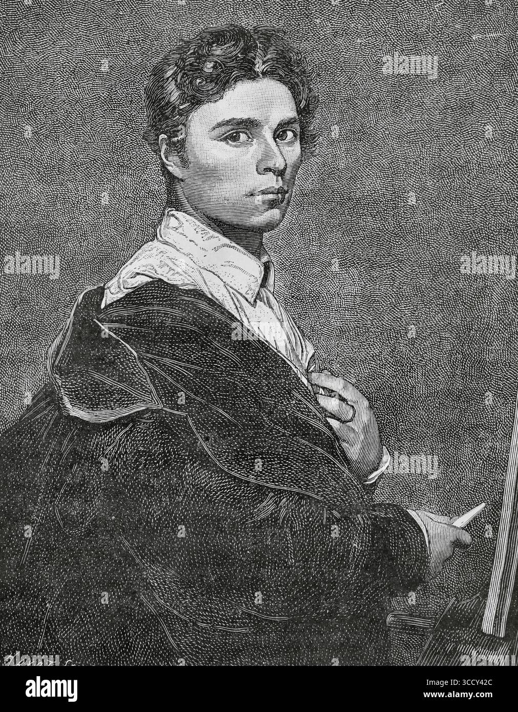 Jean-Auguste-Dominique Ingres (1780-1867). Französischer Maler. Selbstporträt Im Alter Von 24, 1804 Jahren. Stich von Huyot. Direktorin, Konsulat und Reich. Moeurs et Usages, Lettres, Sciences et Arts. France, 1795-1815“ (Direktorium, Konsulat und das Reich von Frankreich. Bräuche und Traditionen, Briefe, Wissenschaften und Künste. Frankreich, 1795-1815), von Paul Lacroix. Veröffentlicht in Paris, 1884. Stockfoto