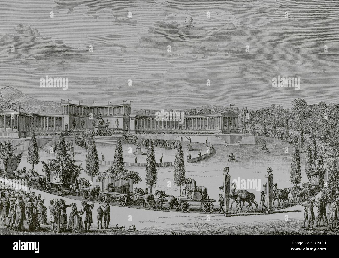 Paris. Triumphaler Einzug der Denkmäler der Künste und Wissenschaften nach Frankreich am 9. Und 10. Thermidorjahr VI (27. Und 28. Juli 1798). Das fest gedachte an die Ankunft von Kunstwerken und wissenschaftlichen Objekten aus Italien nach Napoleons Militärzug. Eine gewaltige Prozession, beginnend am Kai am Jardin des Plantes, begleitet von einer ständig wachsenden Menschenmenge, durchquerte ganz Paris, um auf dem Champ de Mars vor den fünf Mitgliedern des Direktoriums vorzuziehen, die neben dem Altar der Nation standen und von Ministern, hohen Beamten, Generälen und dem garris umgeben waren Stockfoto