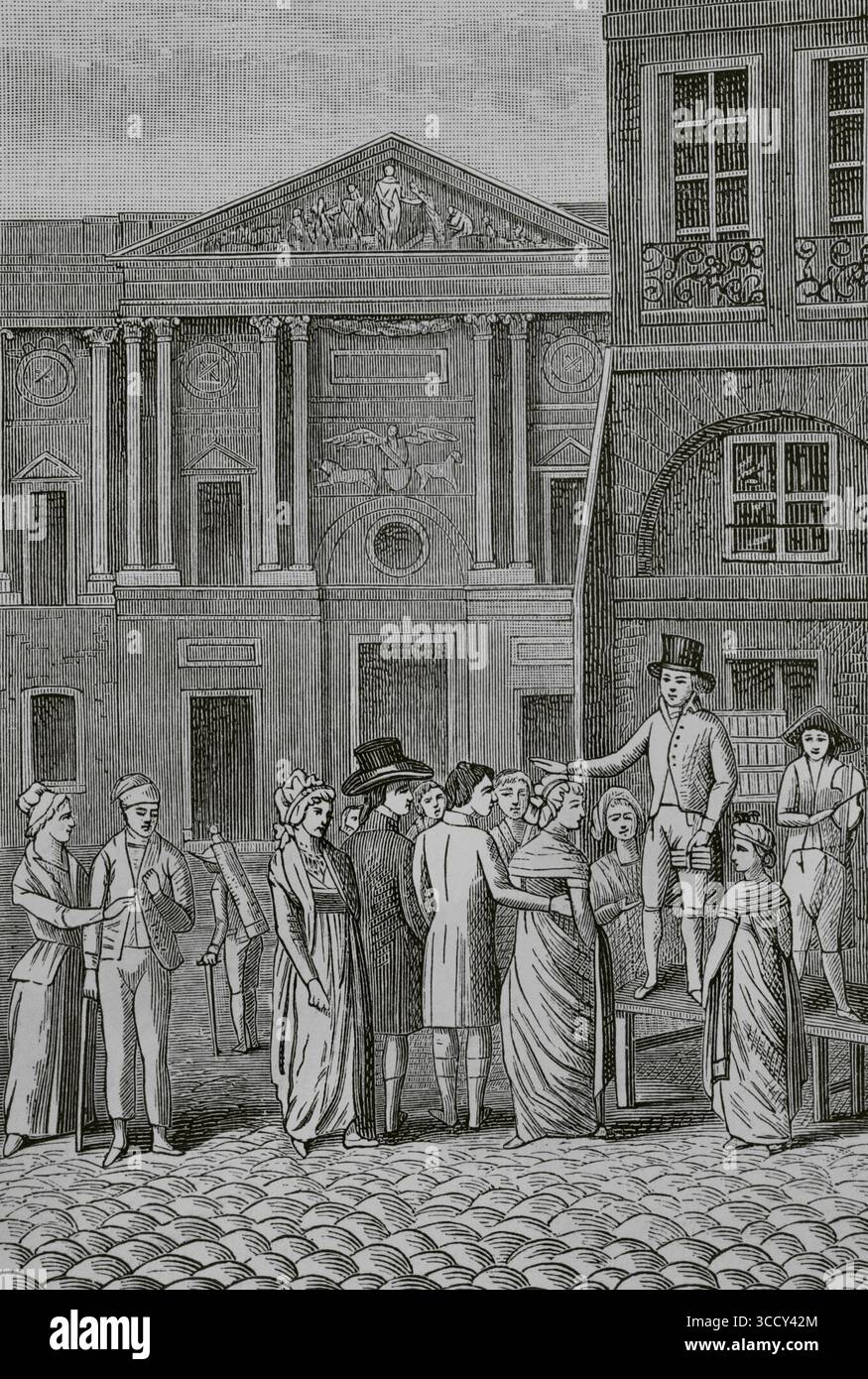 Louis Ange Pitou (1767-1846). Französischer konterrevolutionärer Songwriter. Ange Pitou sang seine Lieder auf dem Platz der Kirche Saint-Germain-l'Auxerrois in der Nähe des Louvre in Paris um 1795. Gravur. Direktorin, Konsulat und Reich. Moeurs et Usages, Lettres, Sciences et Arts. France, 1795-1815“ (Direktorium, Konsulat und das Reich von Frankreich. Bräuche und Traditionen, Briefe, Wissenschaften und Künste. Frankreich, 1795-1815), von Paul Lacroix. Veröffentlicht in Paris, 1884. Stockfoto Louis Ange Pitou (1767-1846). Französischer konterrevolutionärer Songwriter. Ange Pitou sang seine Lieder auf dem Platz der Kirche Saint-Germain-l'Auxerrois in der Nähe des Louvre in Paris um 1795. Gravur. Direktorin, Konsulat und Reich. Moeurs et Usages, Lettres, Sciences et Arts. France, 1795-1815“ (Direktorium, Konsulat und das Reich von Frankreich. Bräuche und Traditionen, Briefe, Wissenschaften und Künste. Frankreich, 1795-1815), von Paul Lacroix. Veröffentlicht in Paris, 1884. Stockfoto